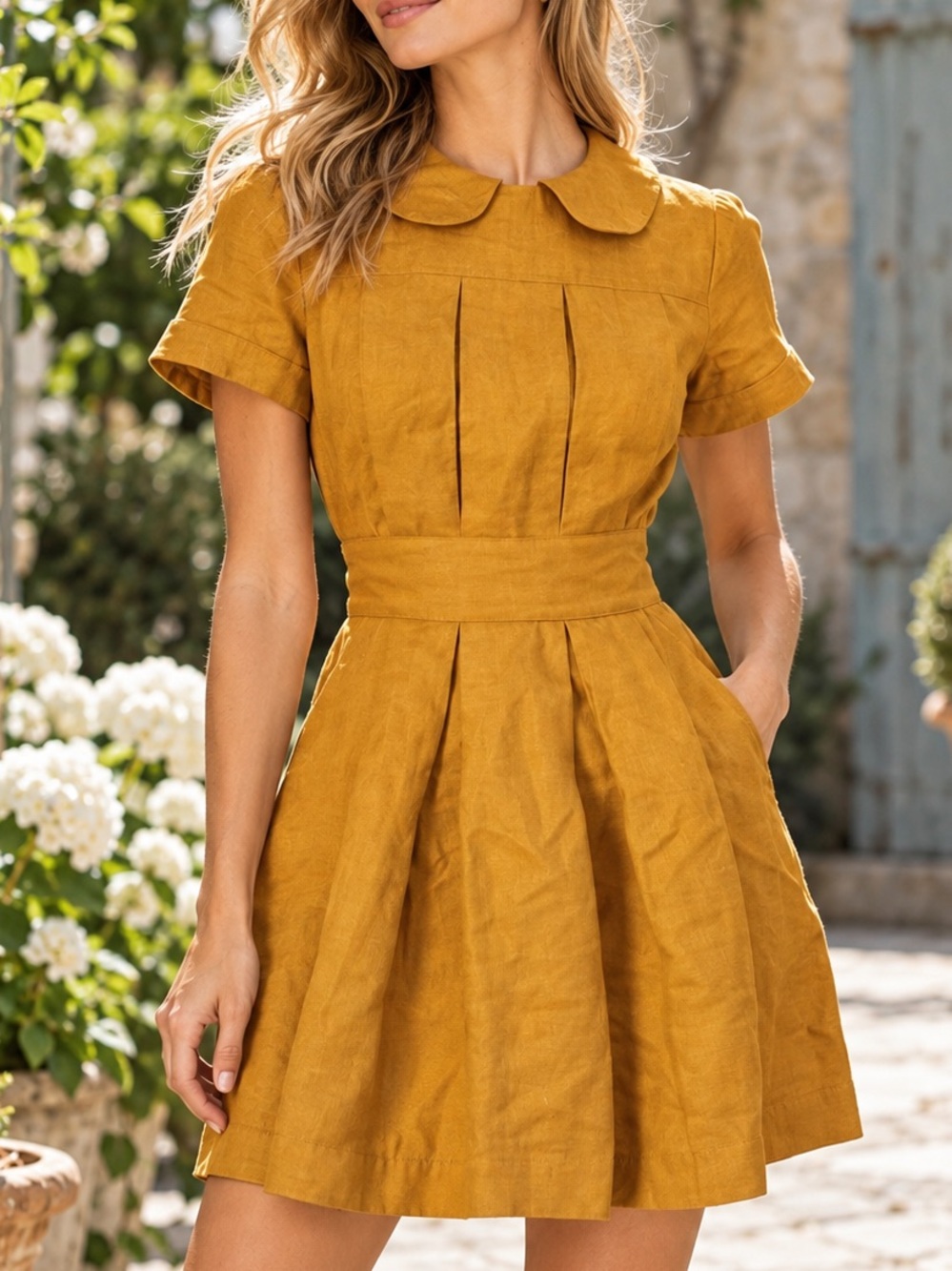 See by Chloé 100% Linen Mini Dress Size 4 Mustard Gold Peter Pan Collar Made in